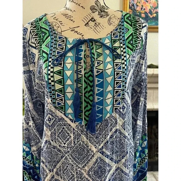 Umgee Women's Dress Size Large Blue Geometric Bohemian‎ Hippie Cotton Blend - Picture 2 of 10
